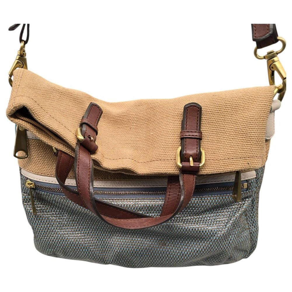 FOSSIL Explorer Woven Straw Triple Zip Hipster Crossbody Handbag Blue Beige EUC - Picture 3 of 16